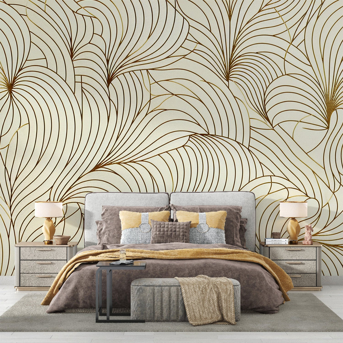Art Deco Mural Wallpaper | Abstract Golden Shape on Cream Background ...