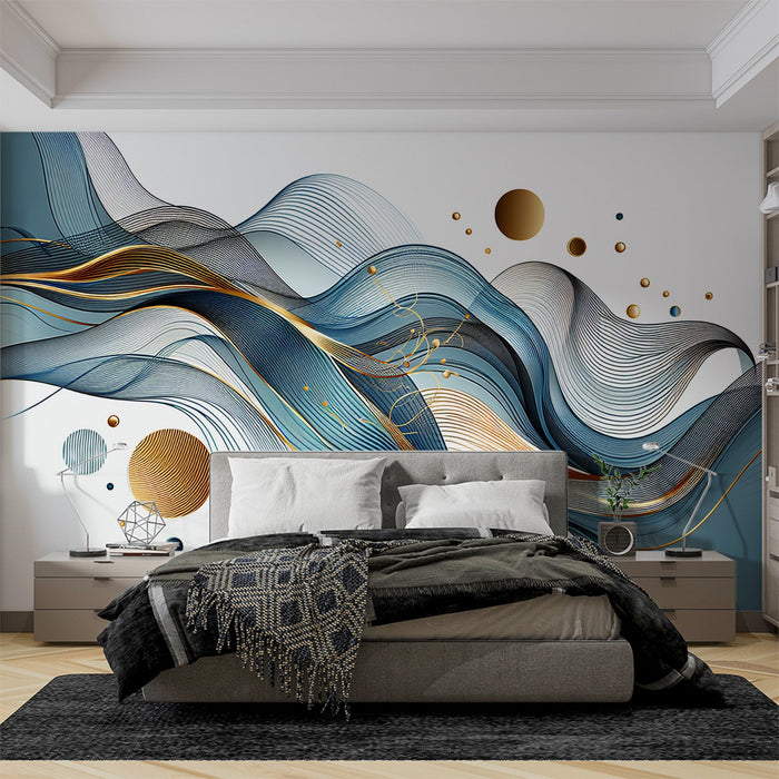 Art Deco Mural Wallpaper | Abstract Blue Wave Shape with Touches of Gold