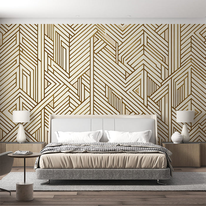 Art Deco Mural Wallpaper | Golden Geometric Shape on Cream Background