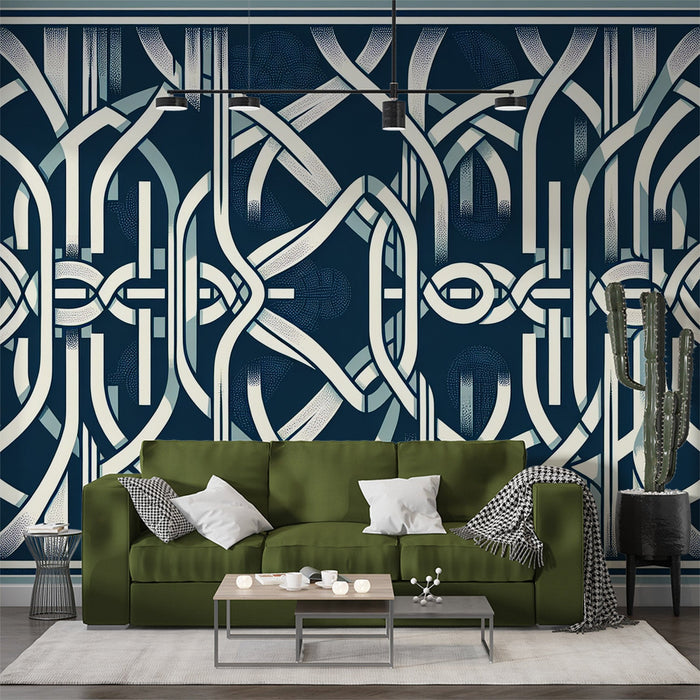 Art Deco Mural Wallpaper | Abstract Shapes in White and Blue Colors