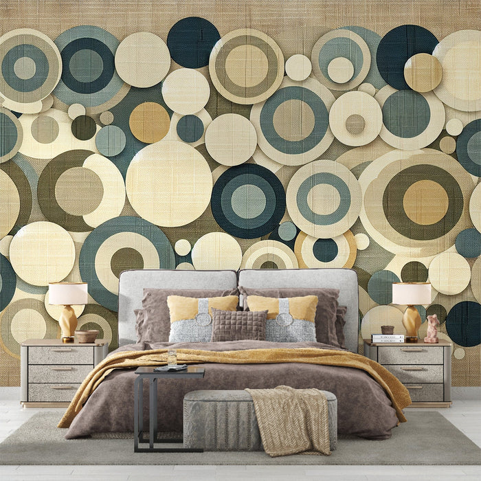 Art Deco Mural Wallpaper | Colorful Circular Shapes on Vintage Woven Canvas