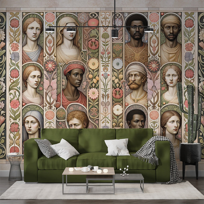 Art Deco Mural Wallpaper | Ancient and Vintage Mural with Faces