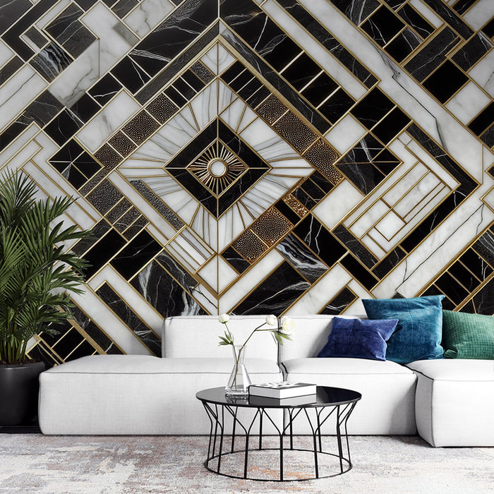 Art Deco Mural Wallpaper | Black and White Marble with Gold Accents and Veining