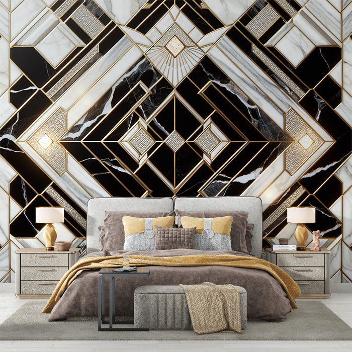 Art Deco Mural Wallpaper | Black and White Marbling with Luxurious Touch of Gold