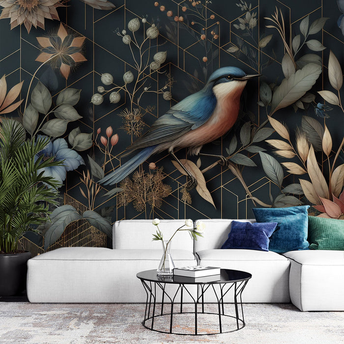 Papel de parede Art Deco | Pássaro Vintage, Flor e Folhagem com Douramento
