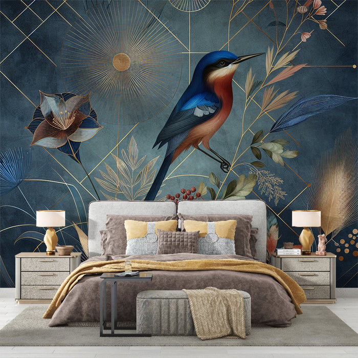 Art Deco Tapete | Vogel und Vergoldung auf gealtertem Vintage-Blauem Hintergrund