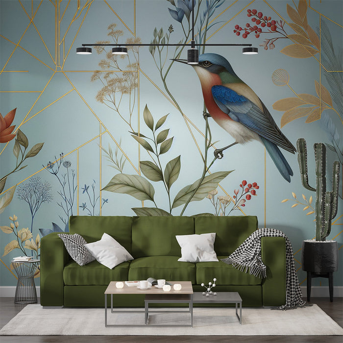 Papel de parede Mural Art Deco | Pássaro colorido e flores em fundo azul vintage