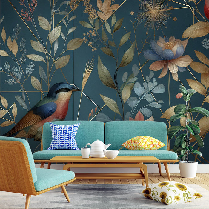Art Deco Mural Wallpaper | Bird and Flowers on Blue Background with Gold Accents