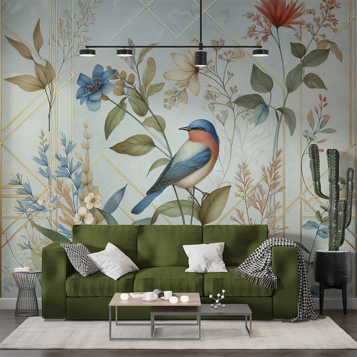 Art Deco Foto Behang | Vintage Vogels en Bloemen op Blauwe en Gouden Achtergrond