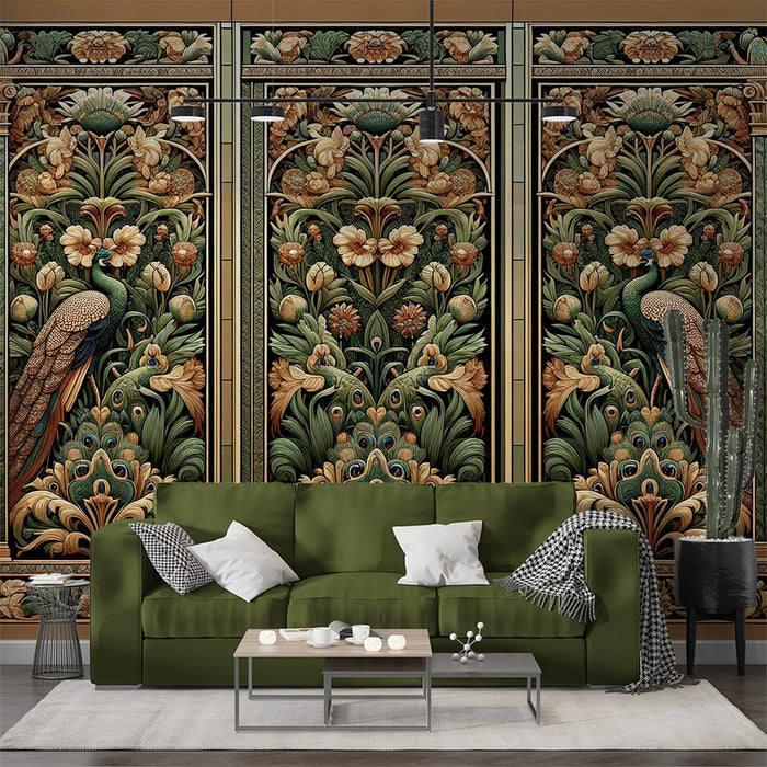 Art Deco Mural Wallpaper | Pfau und verschiedene goldene und grüne Blätter