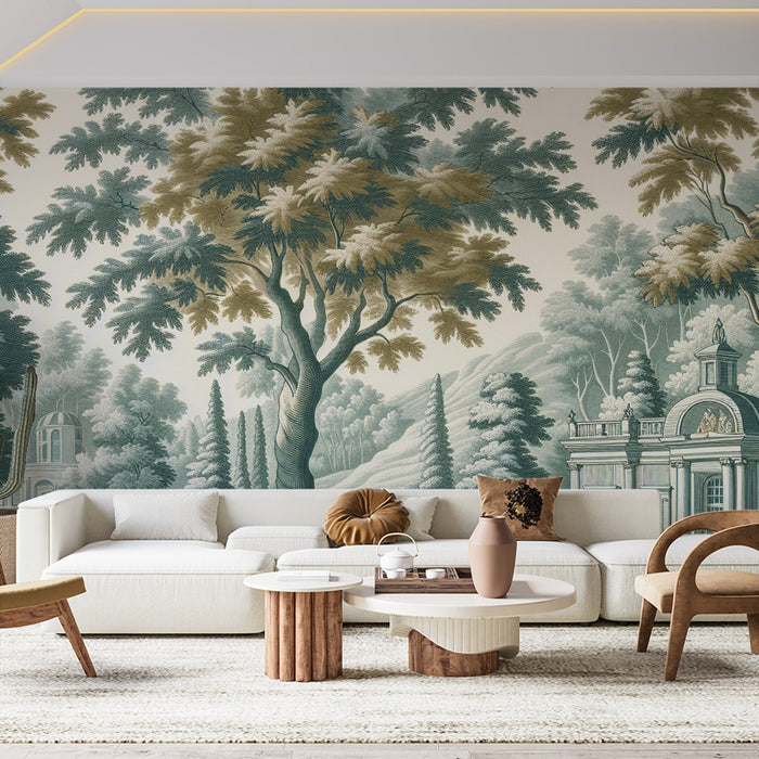 Art Deco Mural Wallpaper | Toile de Jouy Style with Tree and King's Court