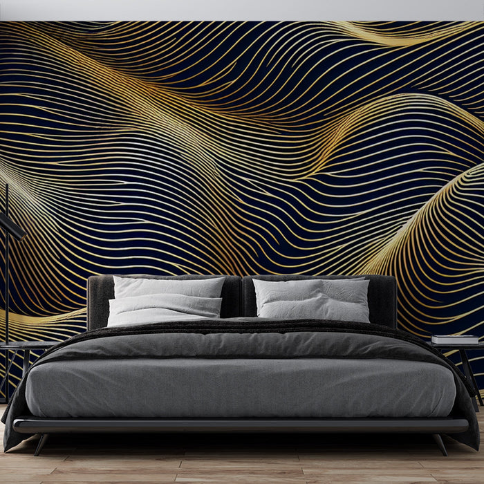 Art Deco Mural Wallpaper | Abstract Golden Wave on Midnight Blue Background