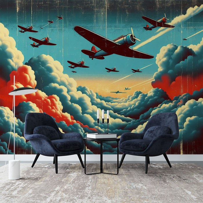 Vliegtuig Muurbehang | Vintage Stijl Rode en Blauwe Wolkenlaan