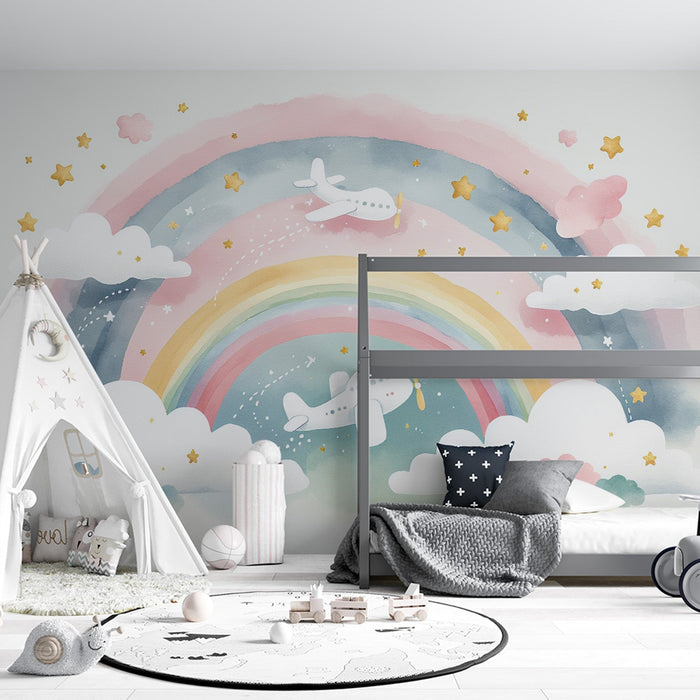 Papel de parede mural de avião | Arco-íris e nuvens para bebê