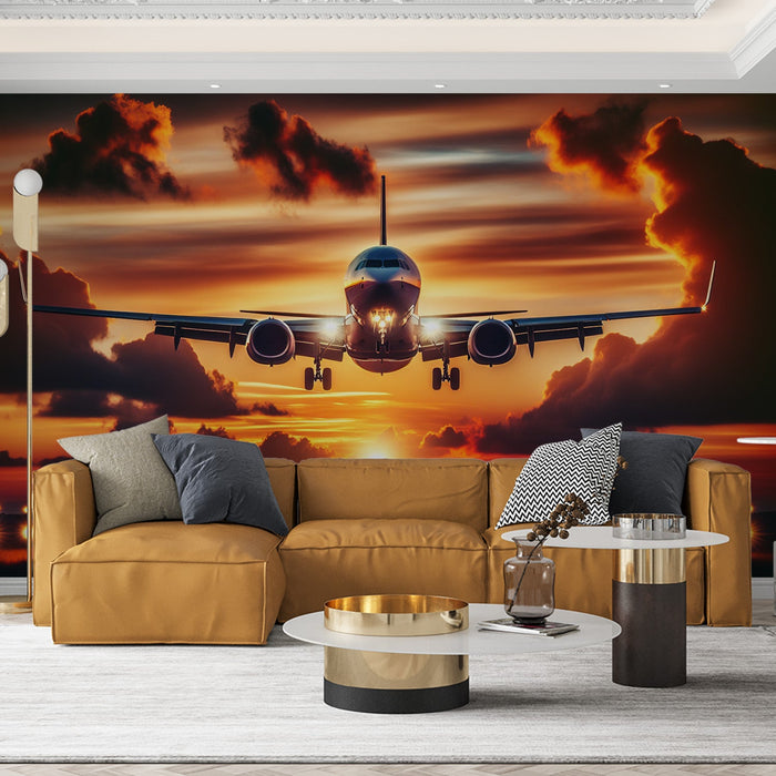 Airplane Mural Wallpaper | Landing on Runway at Sunset
