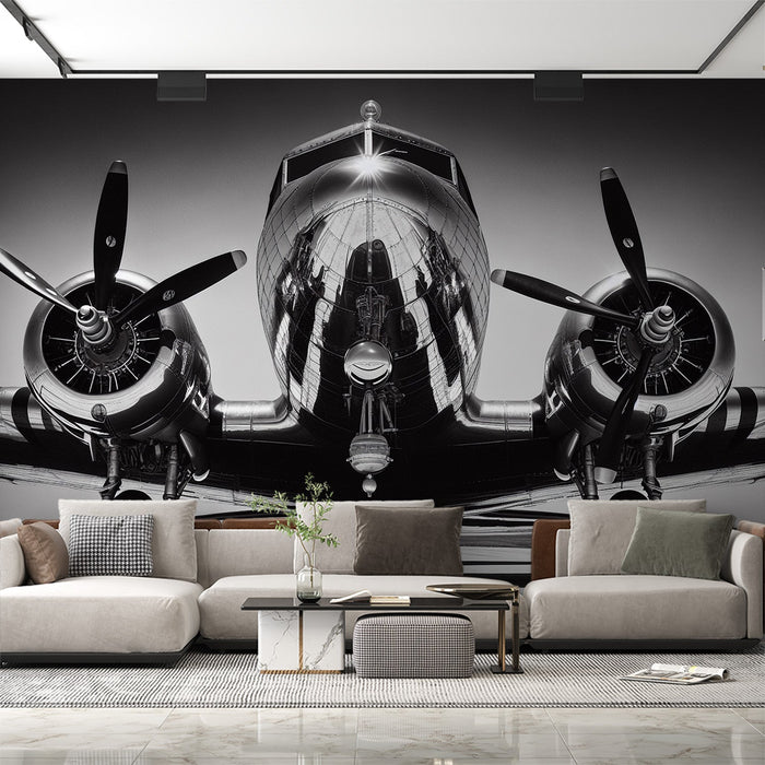 Papel pintado de mural de avión | Avión cromado realista en blanco y negro