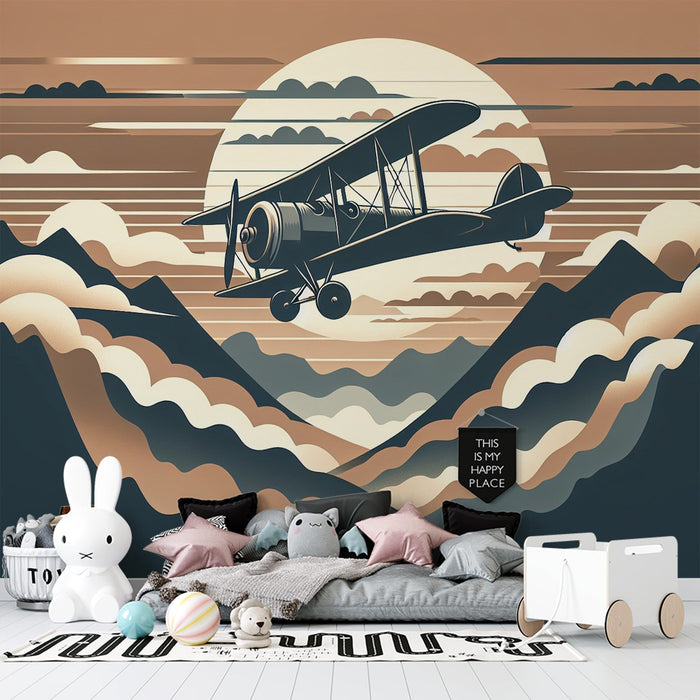 Papel pintado de avión | Siluetas de atardecer y montaña