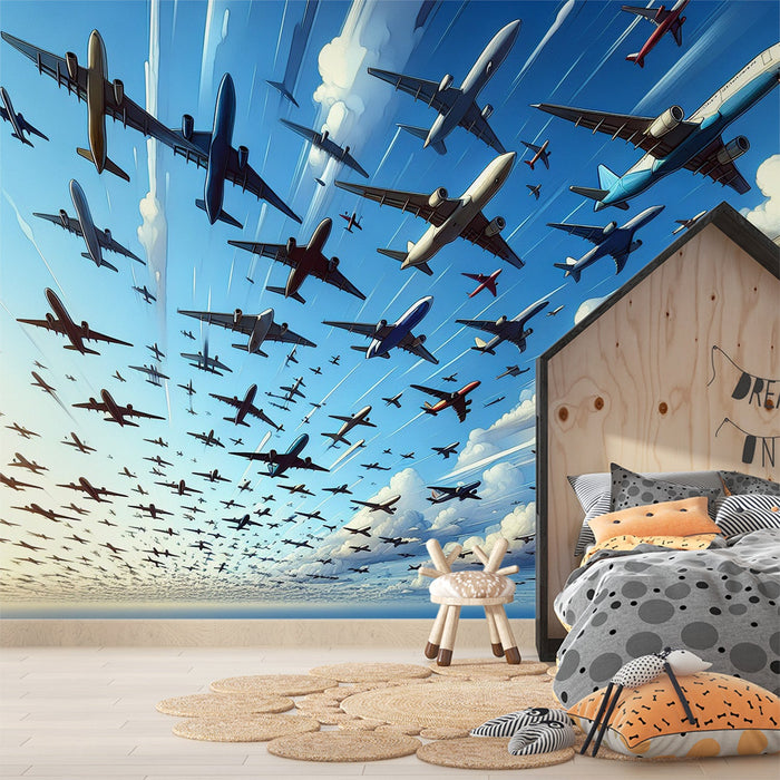 Flugzeug-Mural-Tapete | Zeichnung von Hunderten fliegender Flugzeuge
