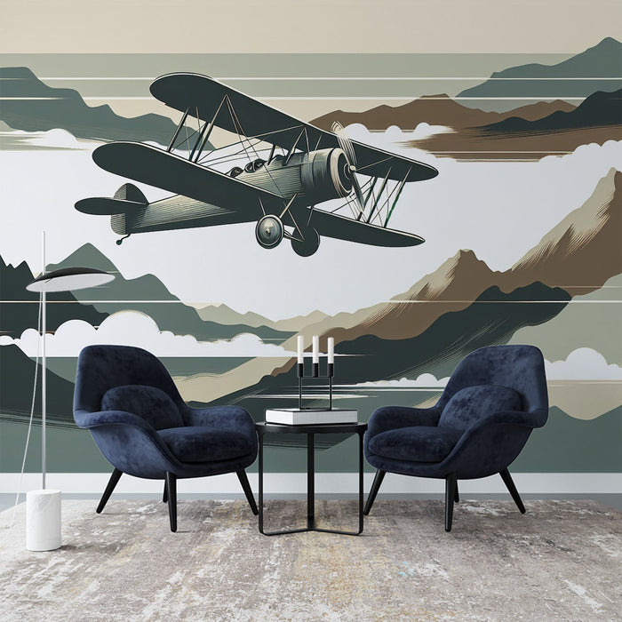 Airplane Mural Wallpaper | Mountain and Airplane in Neutral Tones