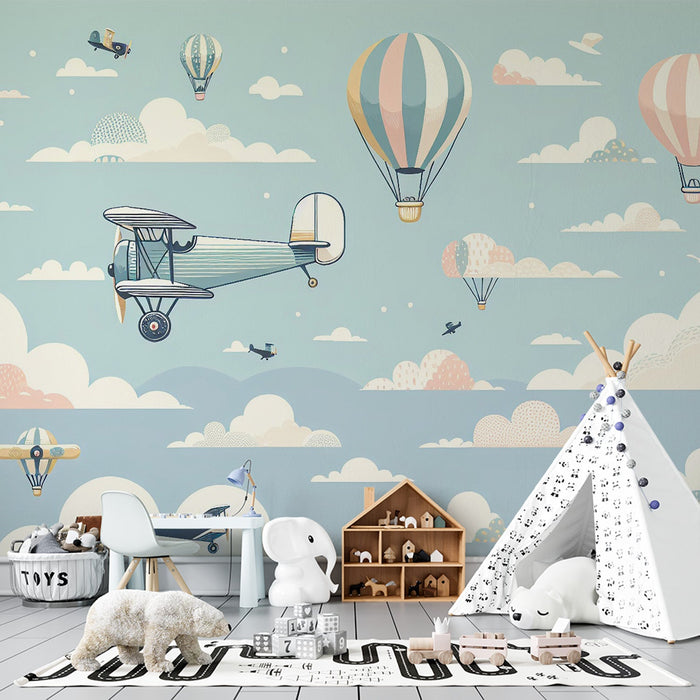 Papel de parede com mural de avião | Balões de ar quente e nuvens para crianças