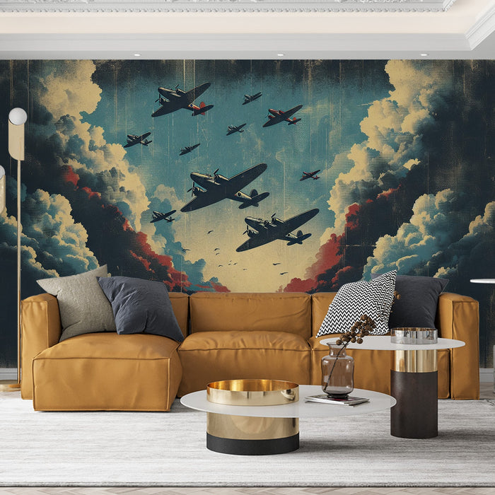 Airplane Mural Wallpaper | Vintage Style Red, White, and Blue Clouds