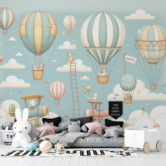 Flugzeug-Mural-Tapete | Teddybären, Heißluftballons und Flugzeuge für Kinder