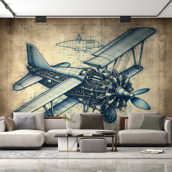 Vliegtuig Foto Behang | Vintage-Stijl Vliegtuig Blauwdruk