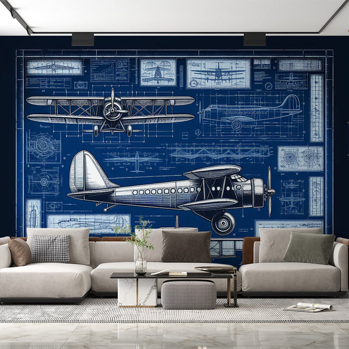 Airplane Mural Wallpaper | Night Blue Airplane Technical Plan