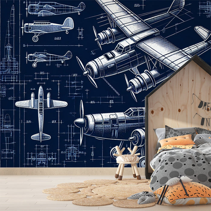 Airplane Mural Wallpaper | White and Midnight Blue Technical Plan