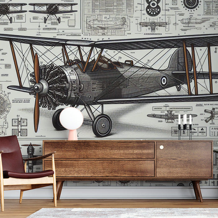 Airplane Mural Wallpaper | Technical Plan Design in Black and White Tones