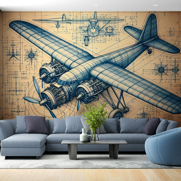 Airplane Mural Wallpaper | Vintage Technical Plan with Aged Background