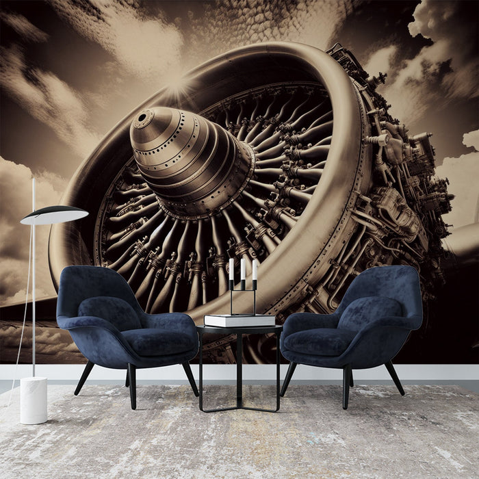 Airplane Mural Wallpaper | Neutral-Toned Disassembled Jet Engine