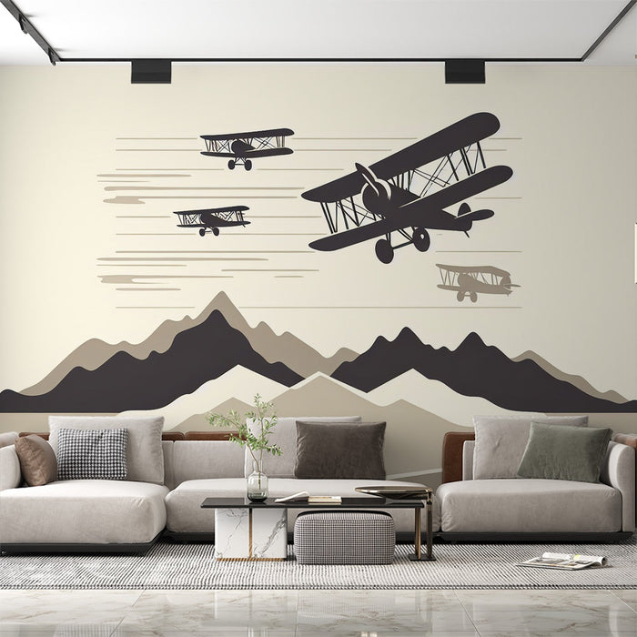 Vliegtuig Fotobehang | Geometrische Berg Reliëf en Vliegtuig Silhouet