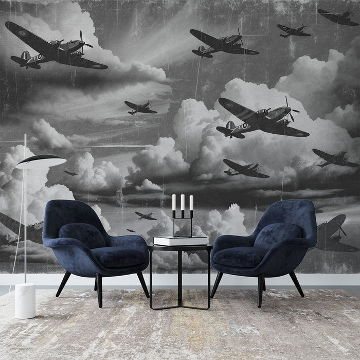 Airplane Mural Wallpaper | Vintage Style and Aged with Attacking Planes
