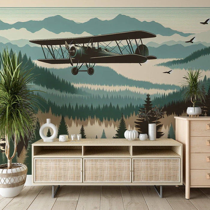 Airplane Mural Wallpaper | Soaring Over a Forest of Fir Trees