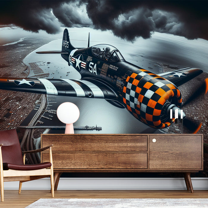 Tapete Airplane Mural | Über einer Stadt unter den Wolken schwebend