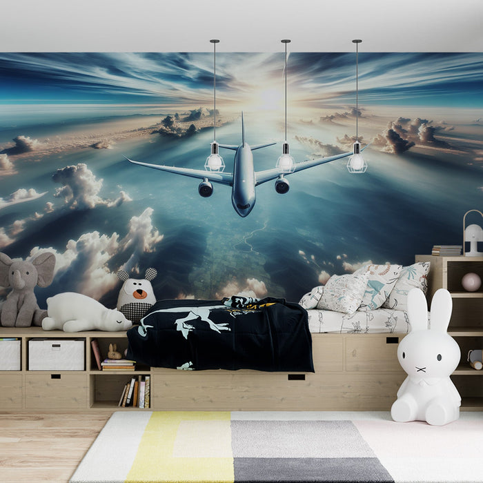 Airplane Mural Wallpaper | Soaring Over Mountainous Terrain and Fields