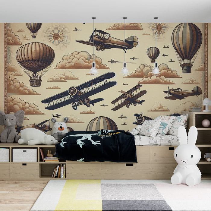 Papel de parede do mural do avião | Conceitos de avião antigo e balão de ar quente