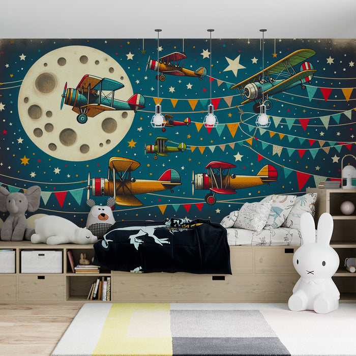 Tapettia lentokoneiden seinämaalaukseen lapsille | Värikkäät liput, kuu ja tähdet