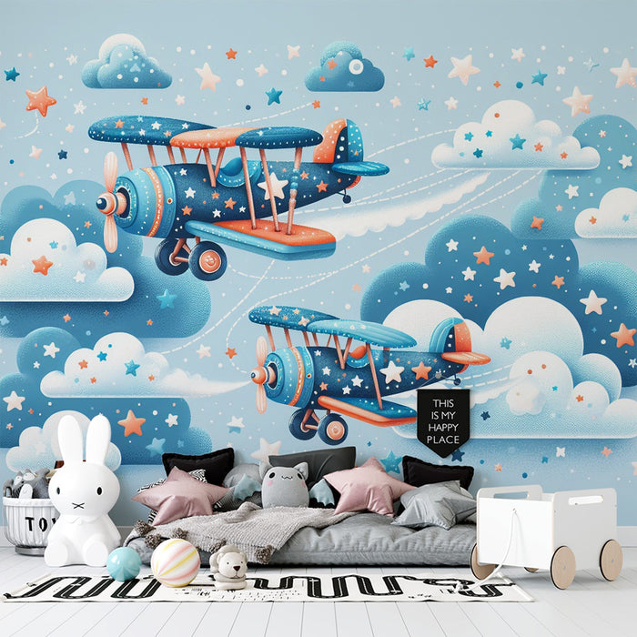 Flugzeug-Mural-Tapete für Kinder | Wolken, Sterne und bunte Flugzeuge