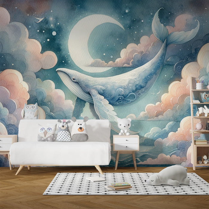 Whale Mural Wallpaper | Flying Whale Crescent Moon