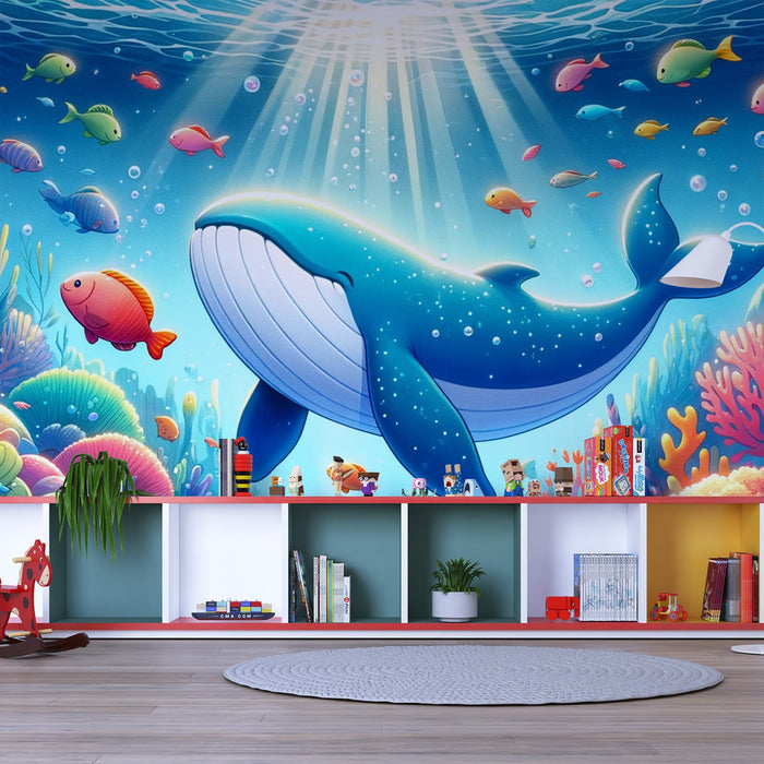 Whale Mural Wallpaper | Cartoon with Corals and Fish