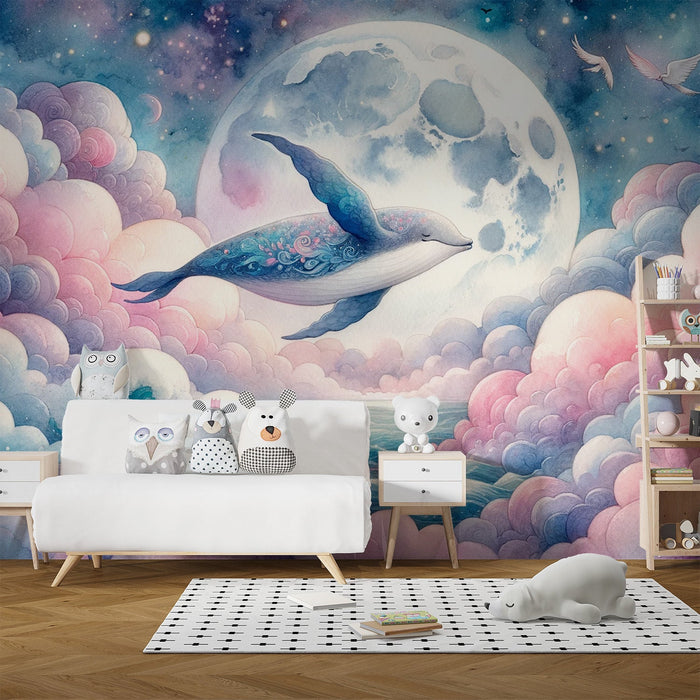 Papel de parede com mural de baleia | Nuvem rosa com lua cheia