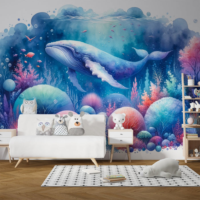 Whale Watercolor Mural Wallpaper | Vibrant Colors