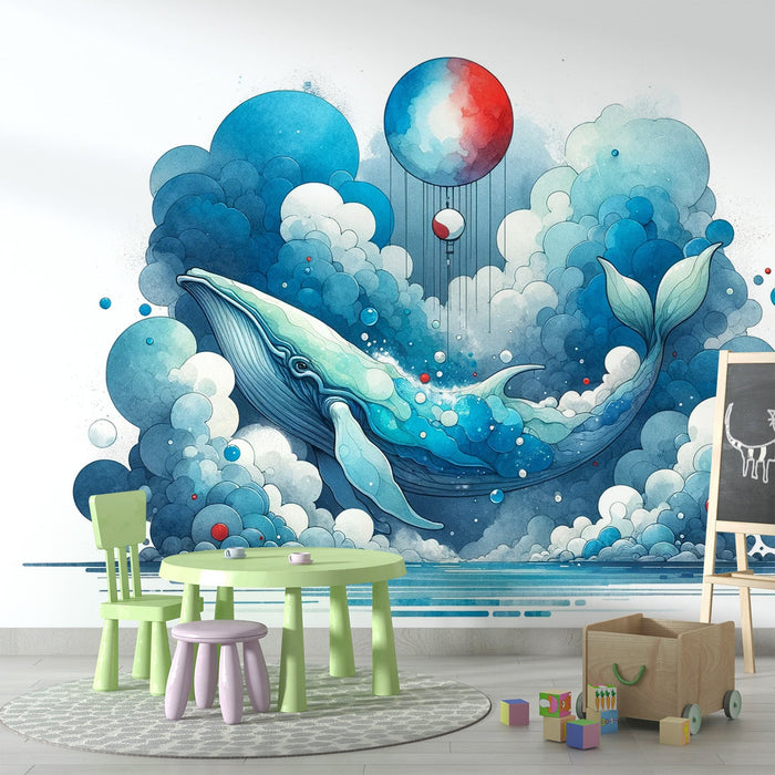 Papel de parede mural de aquarela de baleia | Nuvem e bola colorida