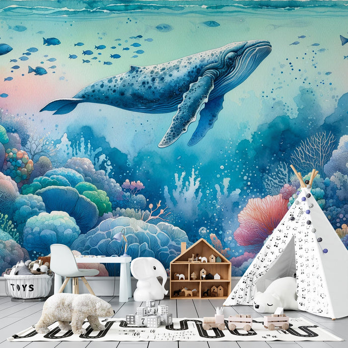 Whale Watercolor Mural Wallpaper | Fish and Corals