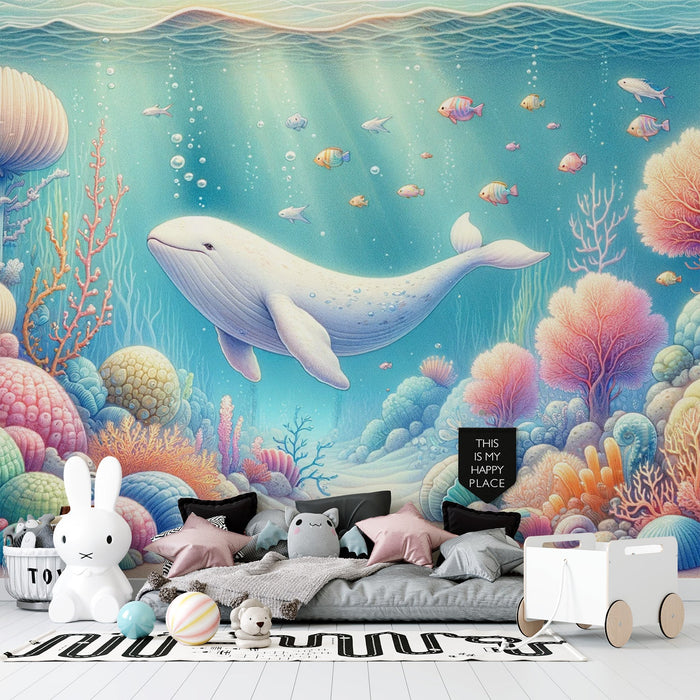 White Whale Mural Wallpaper | Coral Reef and Fish Massif