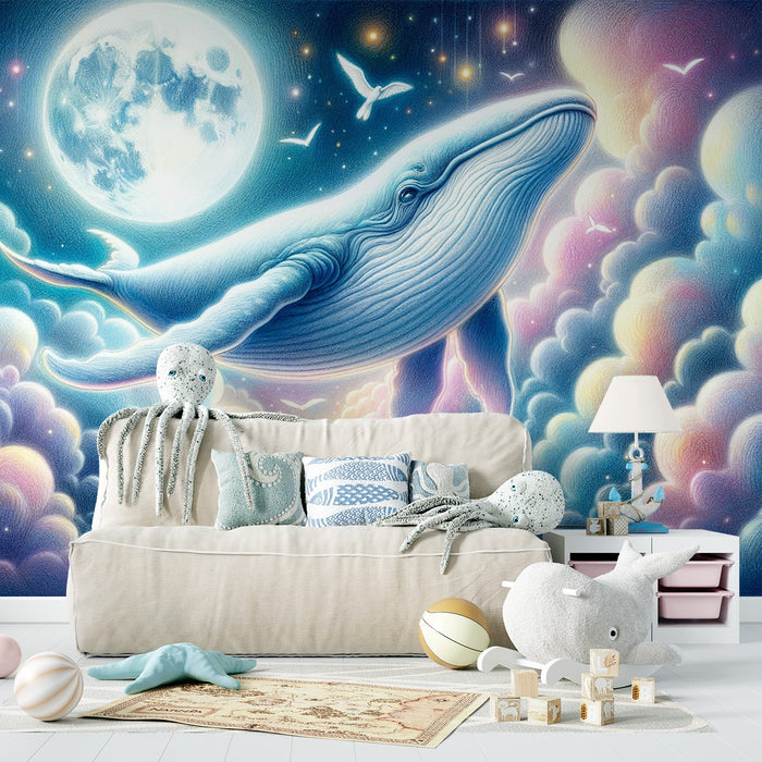 Blue Whale Mural Wallpaper | Full Moon and Colorful Clouds