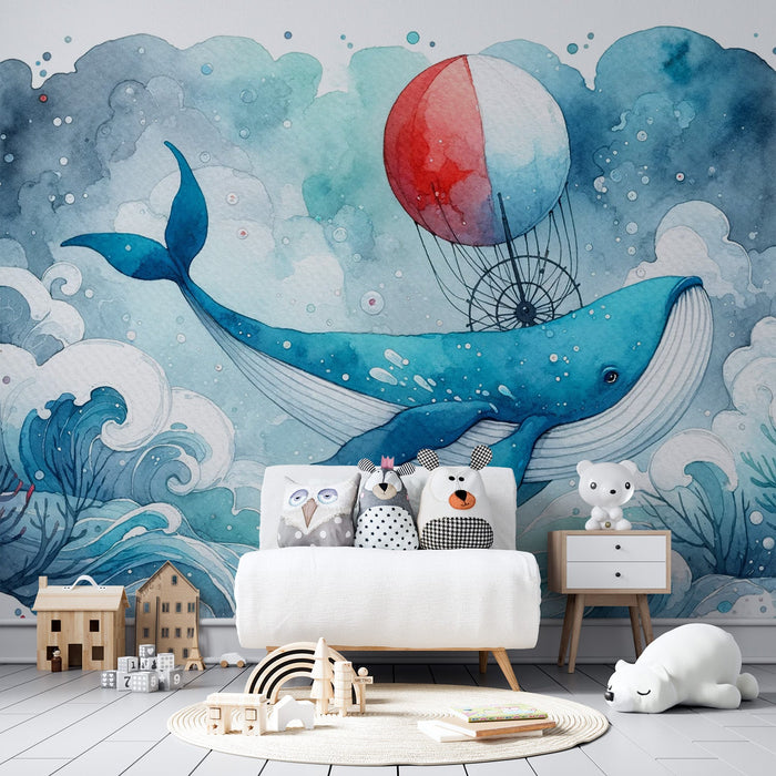 Blue Whale Mural Wallpaper | Watercolor and Hot Air Balloon