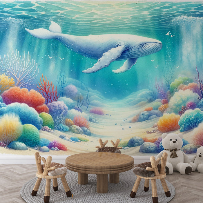 Blue Whale Mural Wallpaper | Pastel-colored Corals